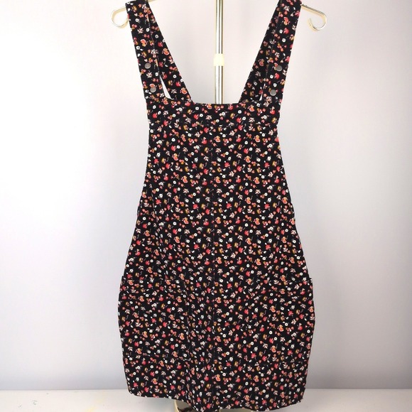 Xhilaration Dresses & Skirts - Xhilaration Women L Jumper Dress Black Floral Corduroy Bib Pinafore Mini Pocket